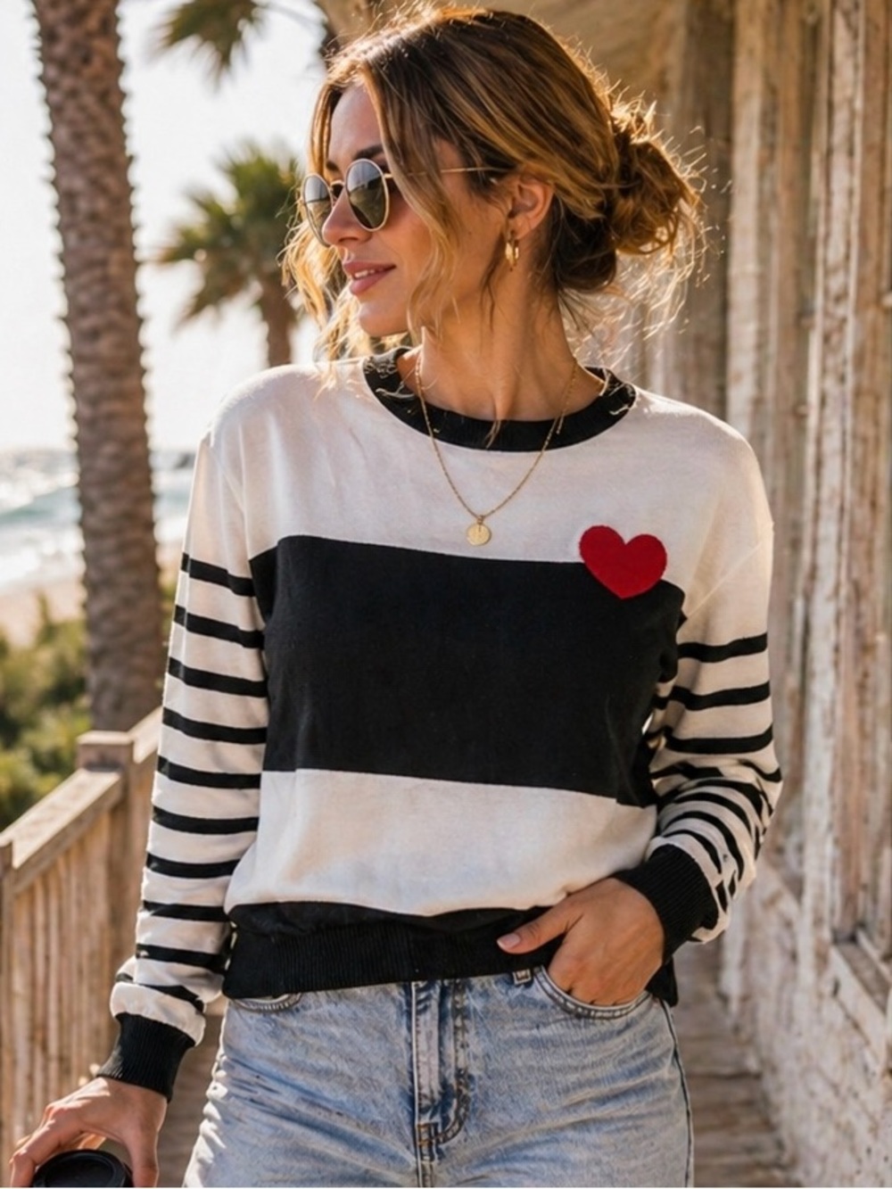 Allegra K Heart Sweater Medium Black Cream Striped Cotton Knit French Girl
